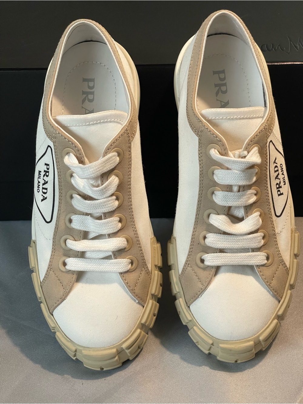 Prada Beige & White Canvas Low-Top Sneakers